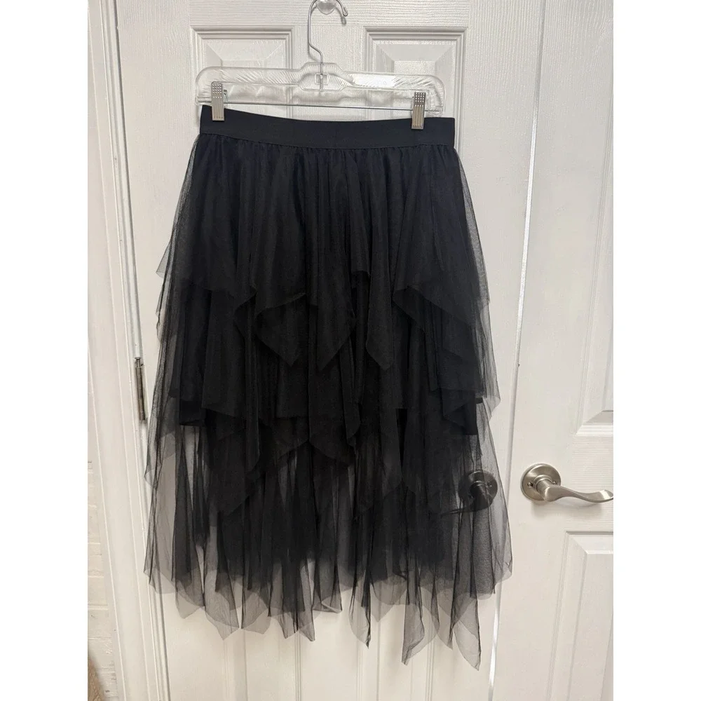 Black Layered Tulle Midi Skirt L Gothic Whimsy Goth Fairy Grunge Halloween